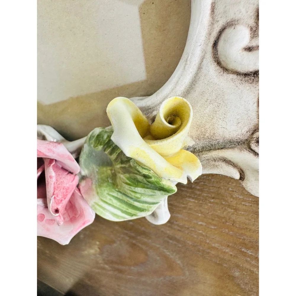 Vintage Italian Capodimonte Ceramic Rose‎ Photo Frame Ornate White Made in Italy